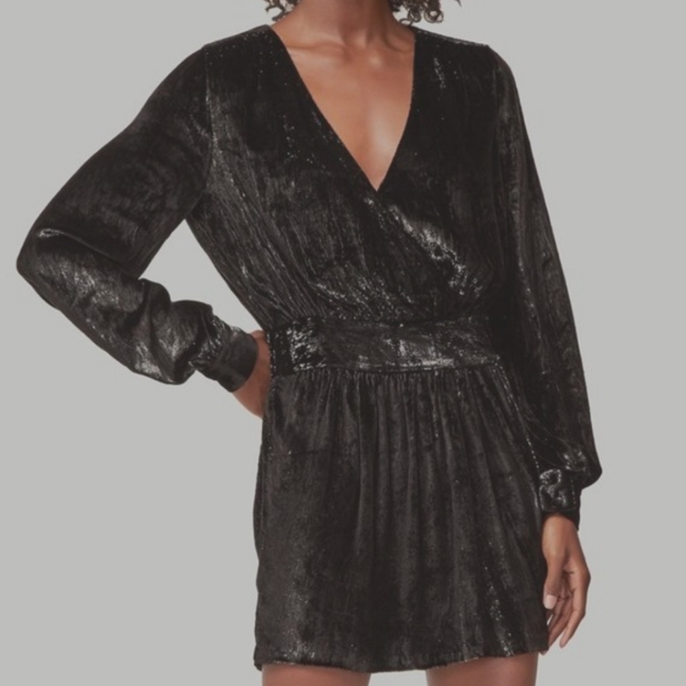 Frame Denim Black Long Sleeve V-Neck Mini Dress